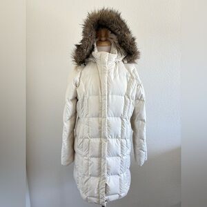 Eddie Bauer Premium Goose Down Filled White/Ivory Parka Women’s Large Fur Hoodie